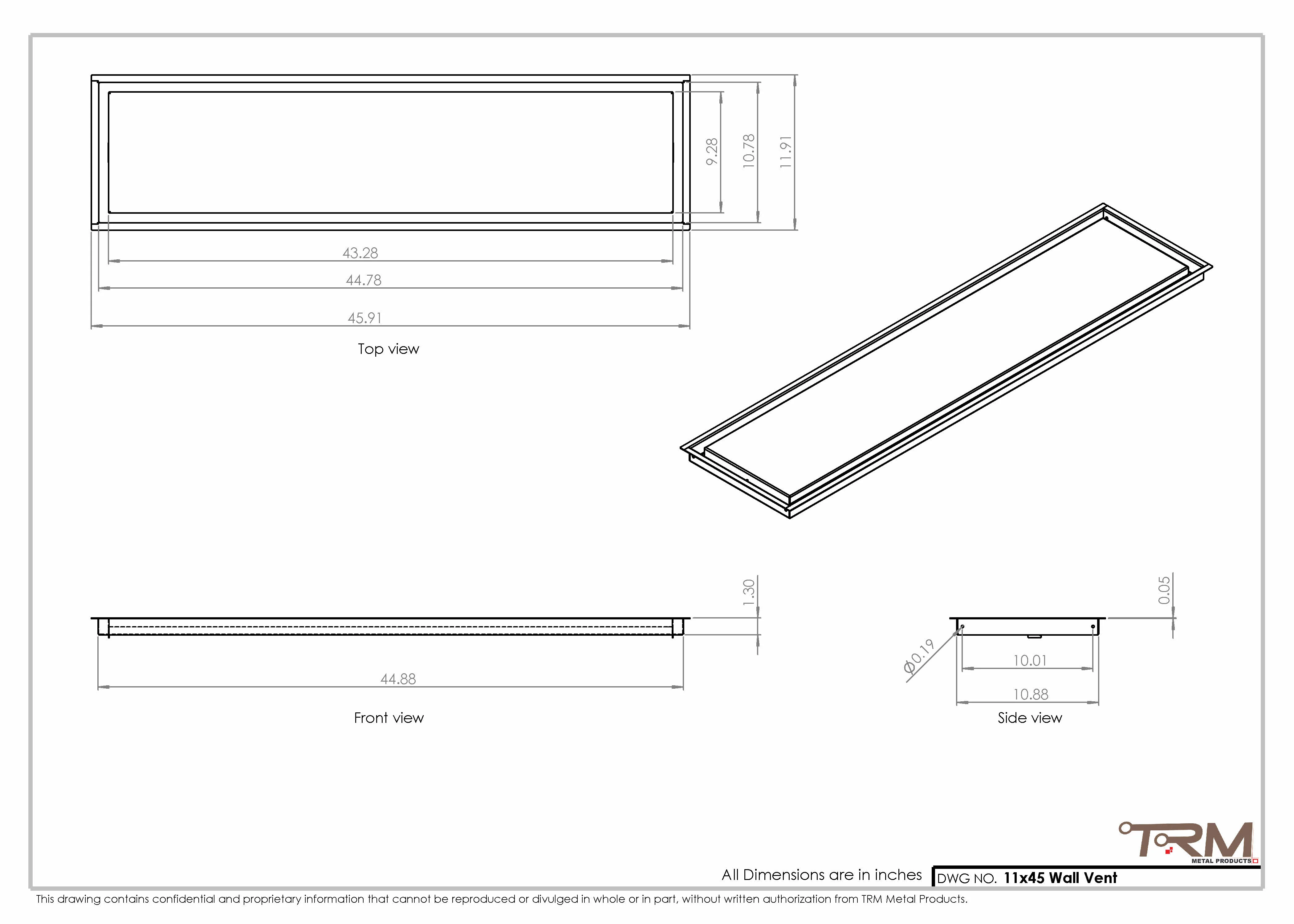 11x45 - Wall Vent - Modern Vent Cover -  Return Air Vent - TRM Metal  45x11 - Image 2