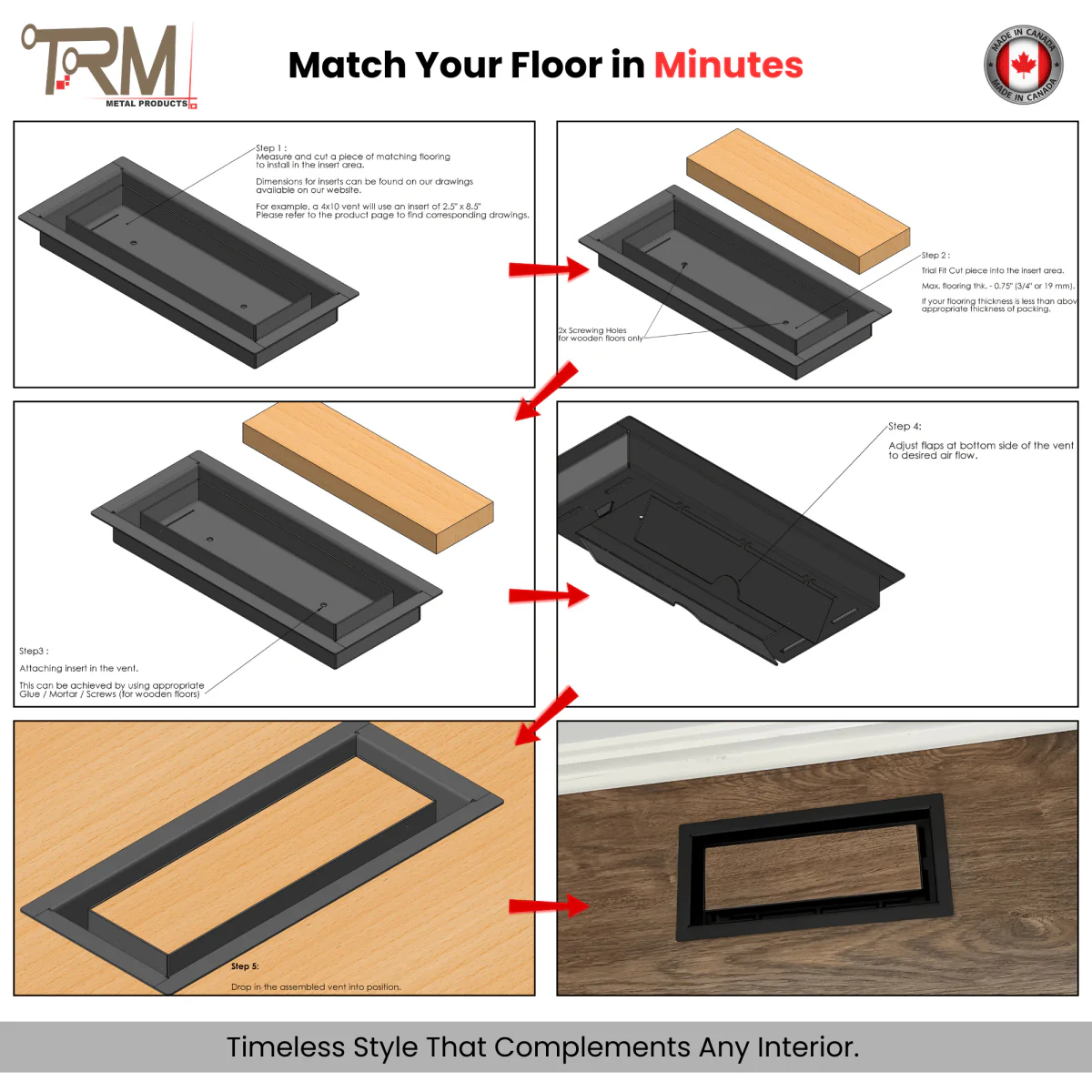 15x59.5 - Classic Drop-in Air Vent, Flush Floor-Matching, All Metal, Floor Vent Cover - TRM Metal 59.5x15 - Image 15