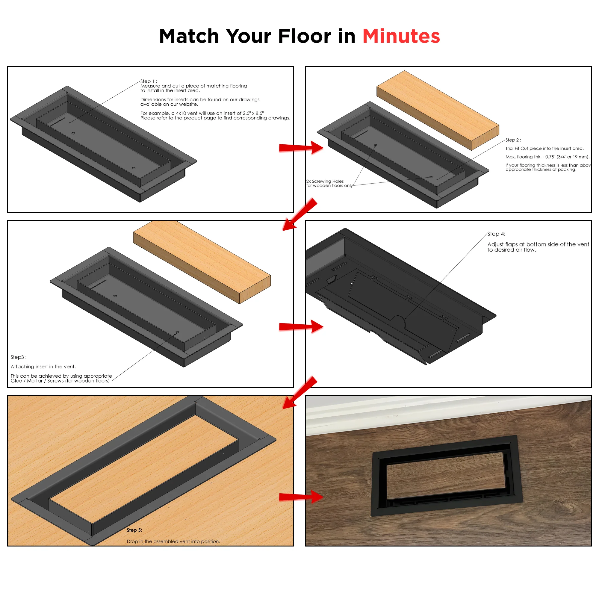 4x12 (12x4) - Breeze Model - Drop-in Air Vent, Floor-Matching, All Metal, Air Vent Cover - Image 20